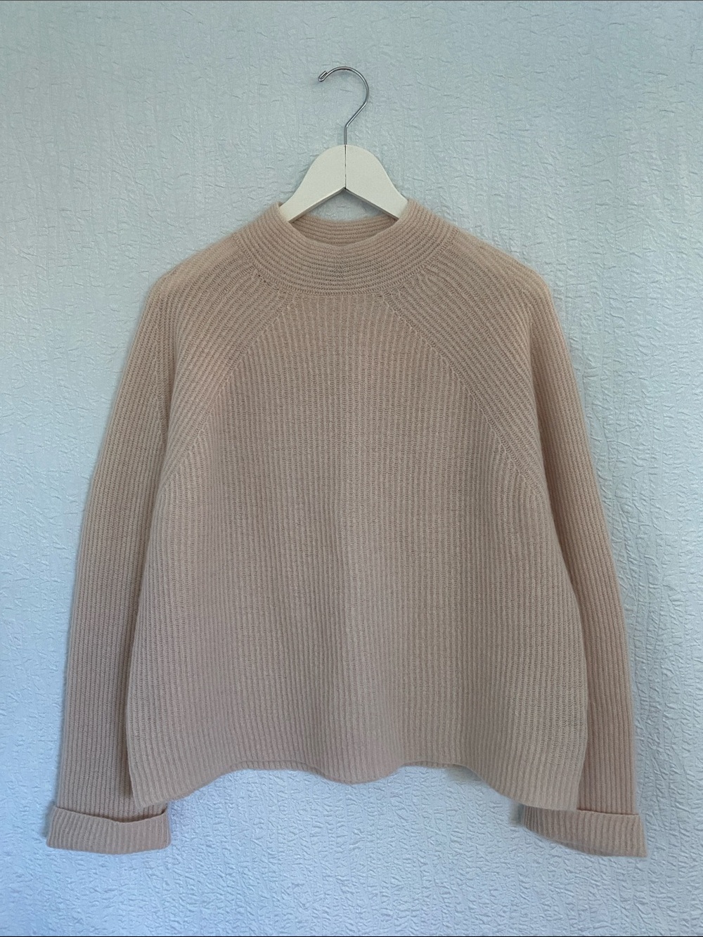 360 Cashmere Blush Ribbed Mock  Neck Fisherman Knit Sweater